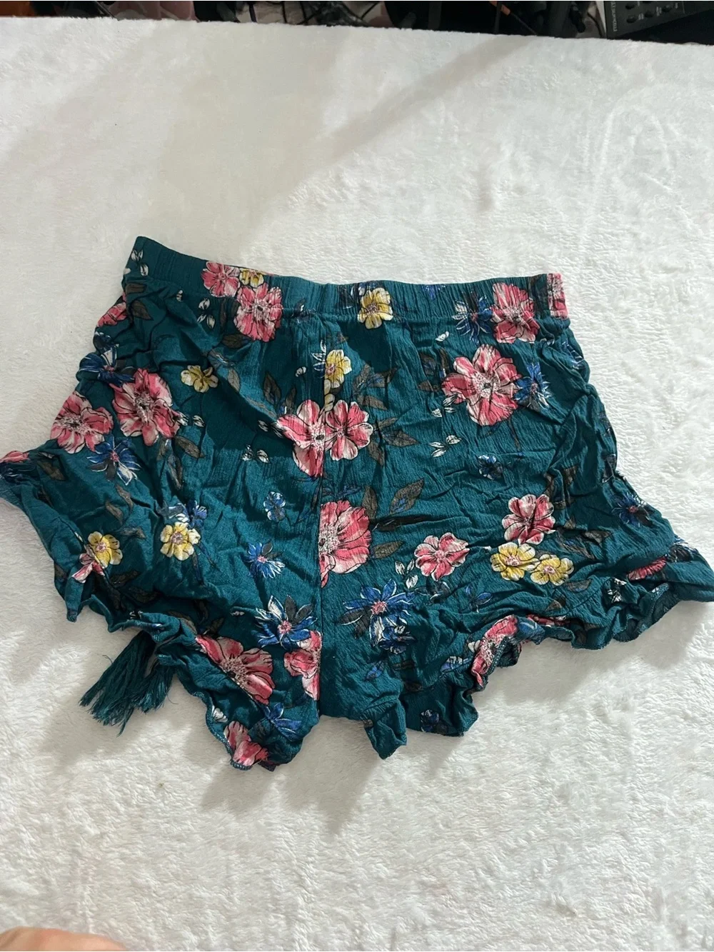 Flouncy Floral Fringe Drawstring Ruffle Hem Shorts Teal Floral Small Stretch GUC